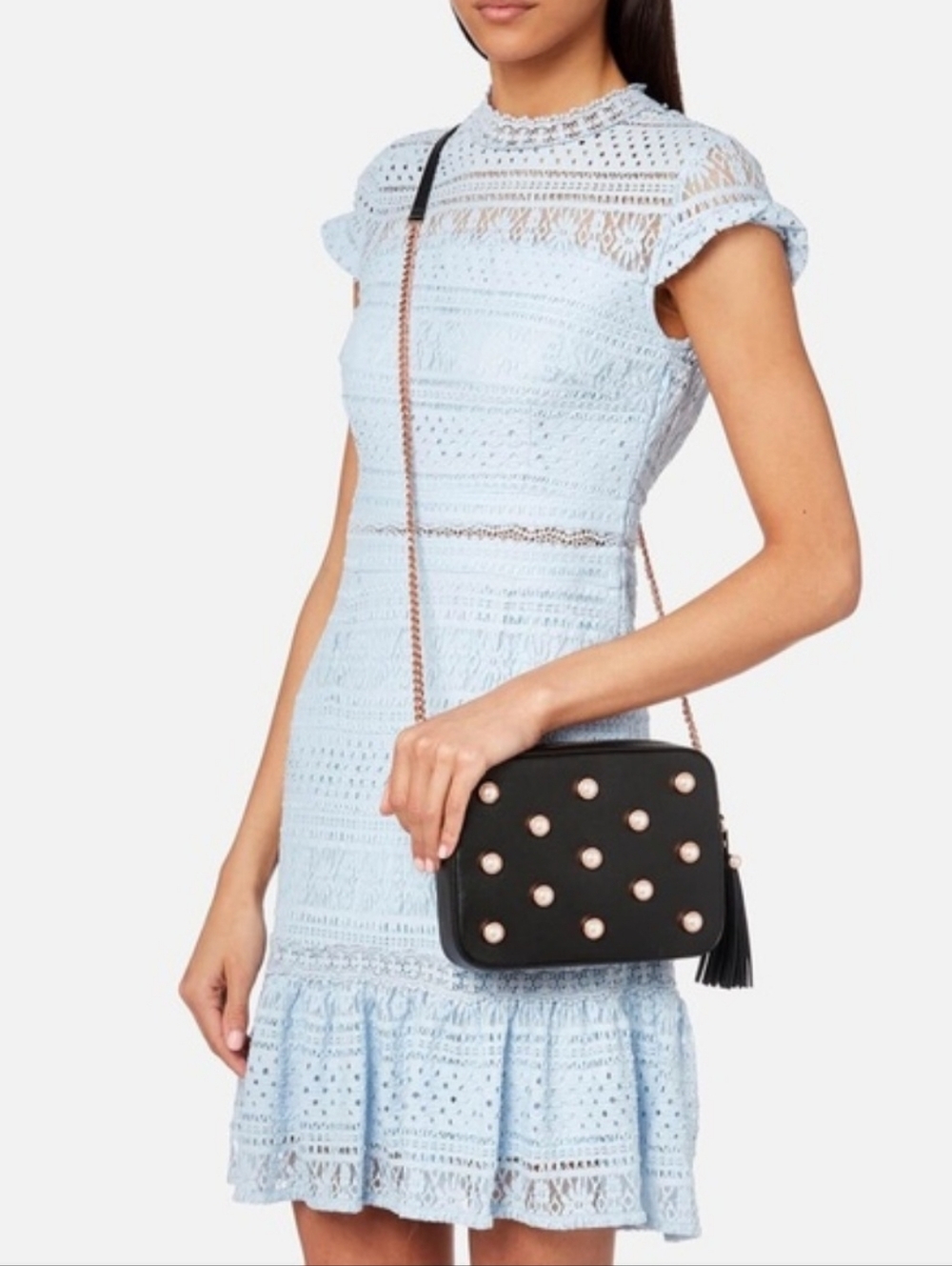 Ted Baker London Alessia Black Leather Crossbody Purse with Pearl Studs
